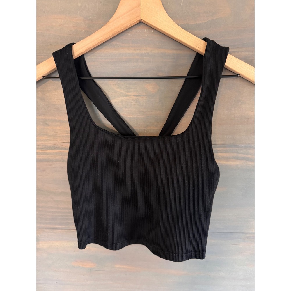 Alo Yoga Alosoft Ribbed Chic Bra Tank Black Square Neck Crisscross Back Size S